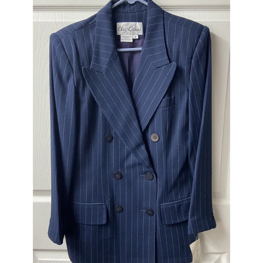 Oleg Cassini Womens Size 12 Striped Double Breasted Striped Blue Pant Suit nwt - Picture 11 of 11